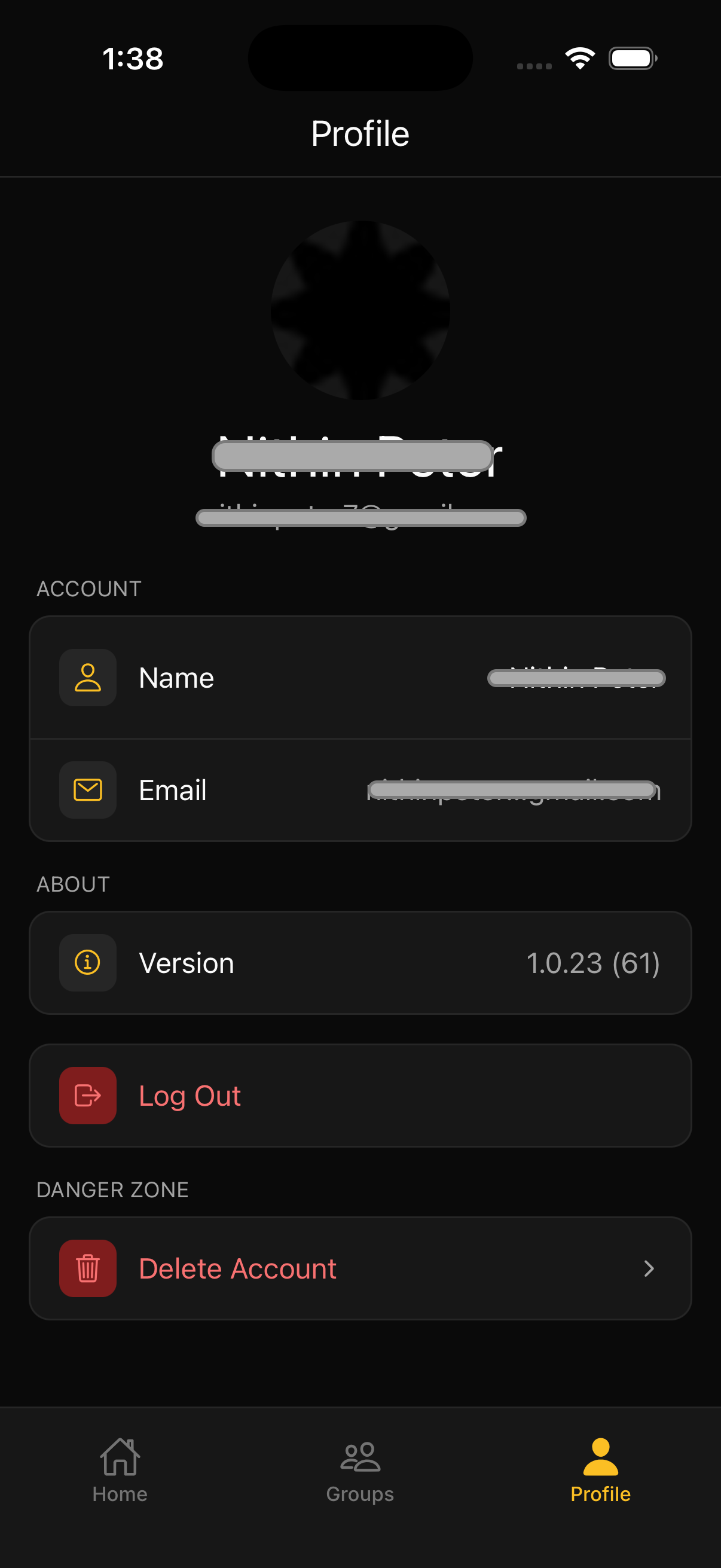 Profile page showing the Delete Account option in the Danger Zone section