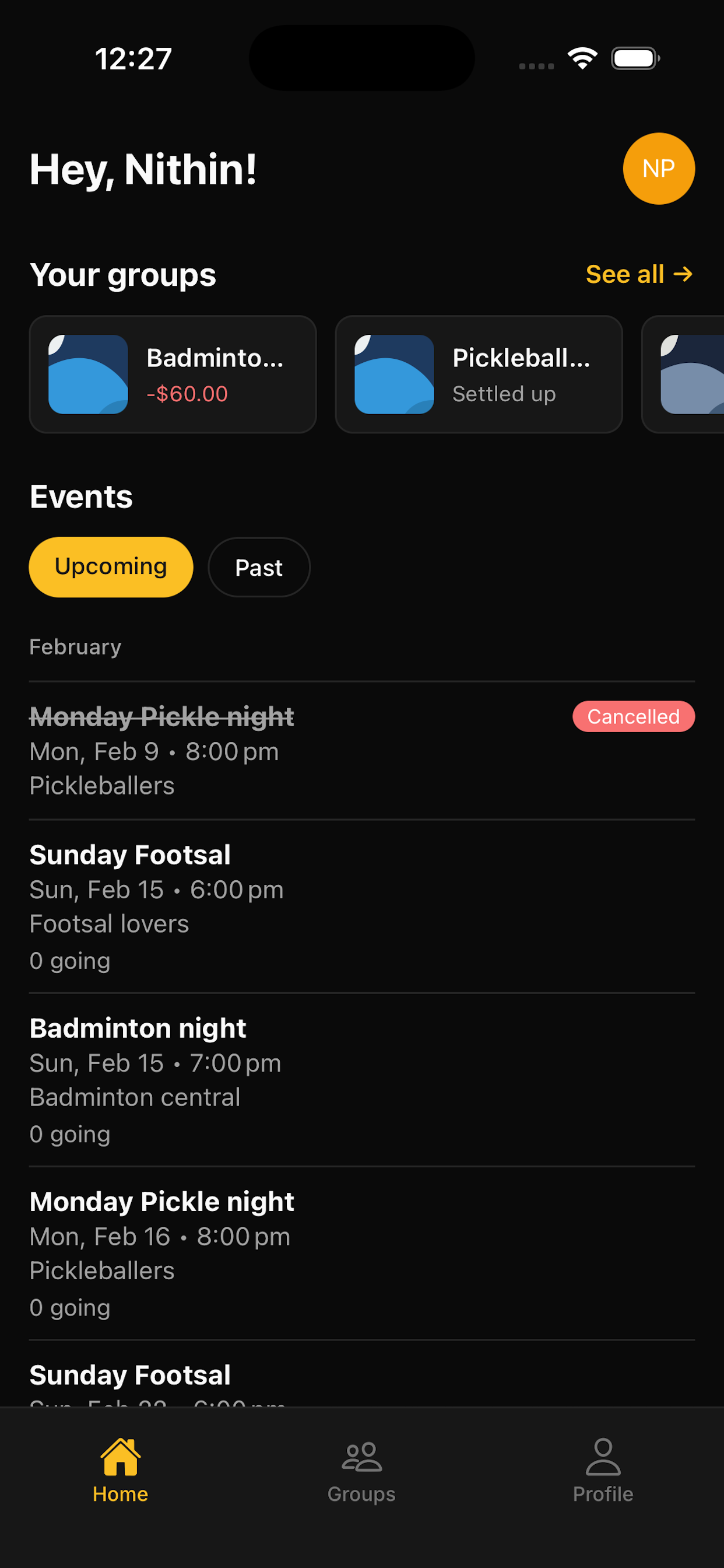Courtab app - Home screen showing groups and upcoming events